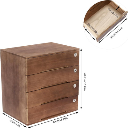 Wooden Desktop Drawer Organizer, 4 Lockable Drawers Cabinet Countertop Storage Box with Drawers Office Supplies Receipt File Organizer Flat File Cabinet for Study, Dresser