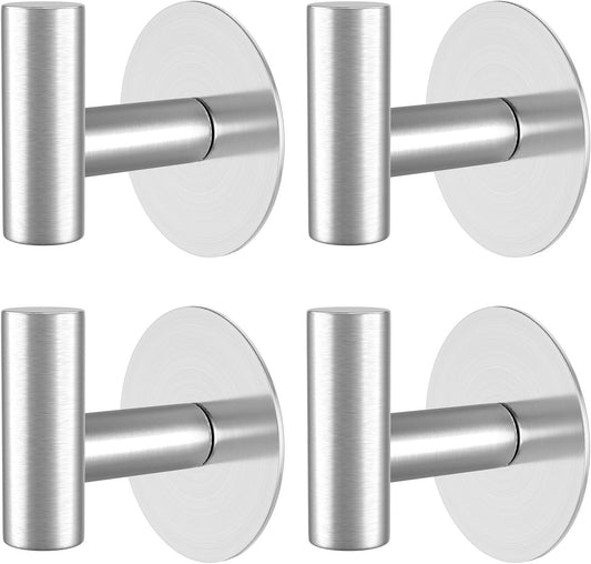 Heavy Duty Self-Adhesive Coat Hooks, Stainless Steel Towel Hooks for Bags, Towels, Robes, Hats, Aprons – No Drill Bathroom, Kitchen, Hotel Wall Hooks (Silver, 4 Pack)