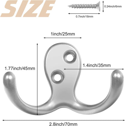Homanu 14 Pack Silvery Coat Hooks Wall Mounted Double Prong with 28 Screws