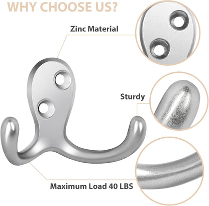 Homanu 14 Pack Silvery Coat Hooks Wall Mounted Double Prong with 28 Screws