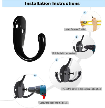 Kruodop 4 Pack Wall Hooks Wall Mounted Coat Hooks for Hanging Heavy Duty, Black Towel Hooks, Metal Single Coat Hanger with Screws Cup Retro for Coats, Handbags, Towels