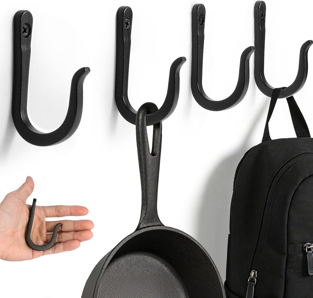 5 Pack Heavy Duty Wall Hooks, Decorative Coat Hooks, Hooks for Hanging Cast Iron Skillets, as Well as Backpacks, Coats, etc, Multi-Layer Electroplated, Indoor and Outdoor Use(Black)