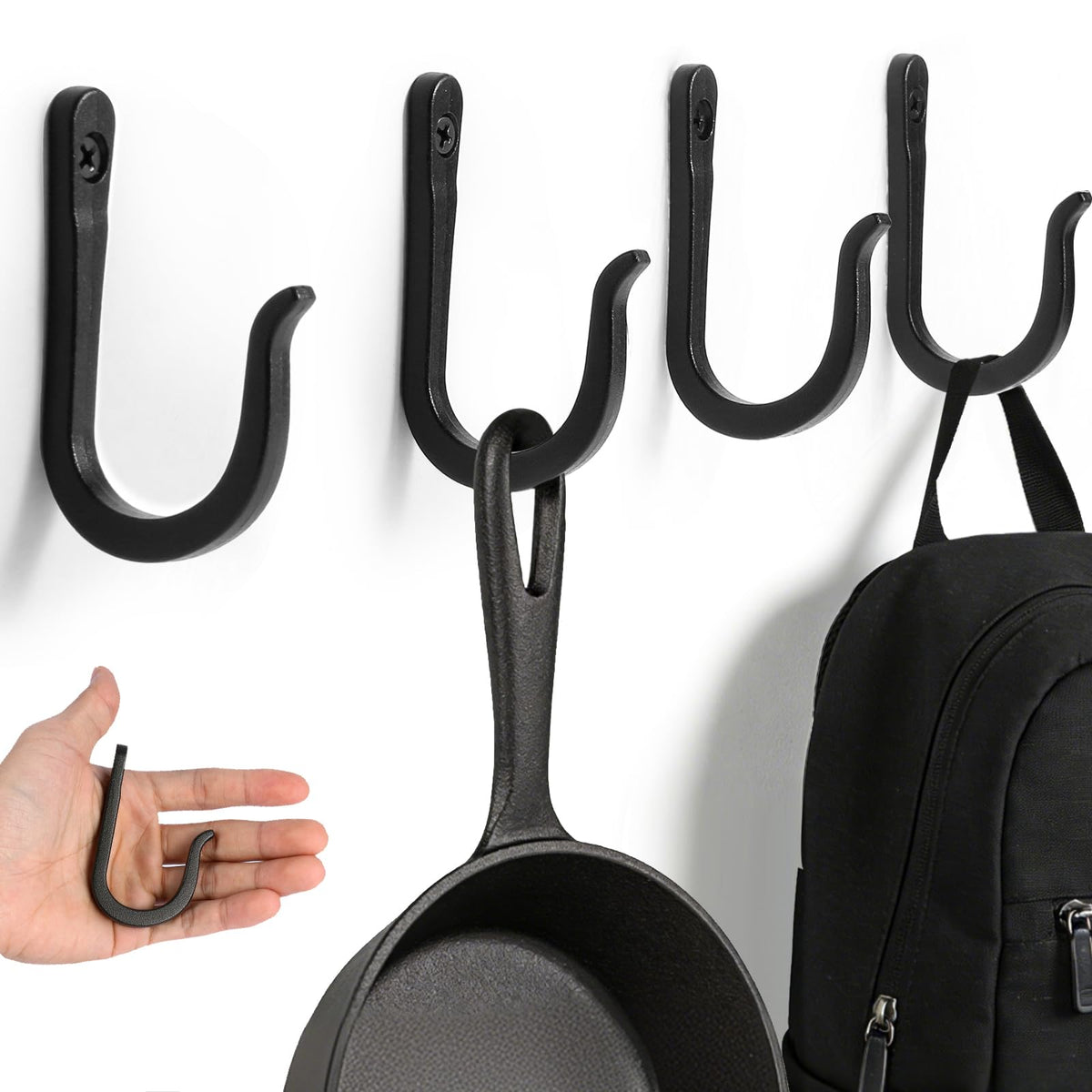 5 Pack Heavy Duty Wall Hooks, Decorative Coat Hooks, Hooks for Hanging Cast Iron Skillets, as Well as Backpacks, Coats, etc, Multi-Layer Electroplated, Indoor and Outdoor Use(Black)