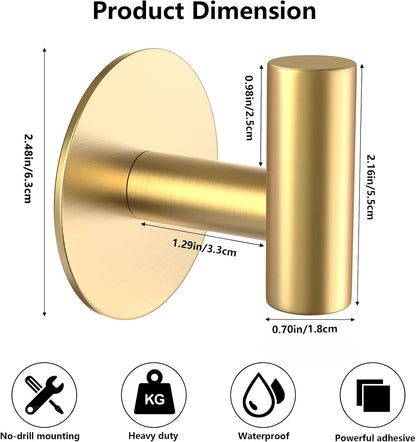 Gold Stainless Steel Wall Hooks, Heavy Duty Self-Adhesive Hooks for Coats, Towels, Robes, Hats, Aprons – No Drill Bathroom, Kitchen, Hotel (2 Pack)