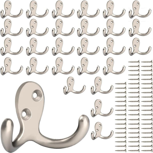 IBosins 28 Pack Heavy Double Prong Coat Hooks Wall Mounted with 56 Screws