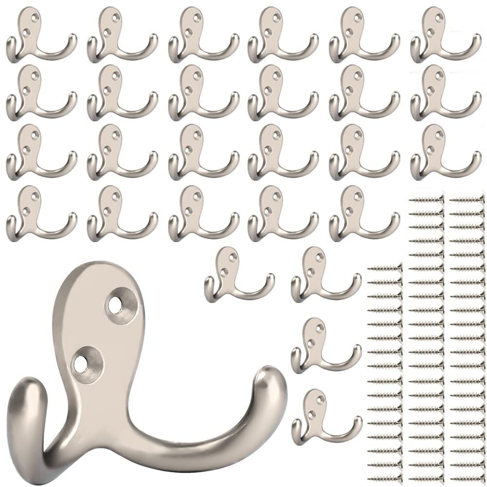 IBosins 28 Pack Heavy Double Prong Coat Hooks Wall Mounted with 56 Screws