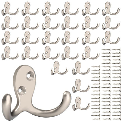 IBosins 28 Pack Heavy Double Prong Coat Hooks Wall Mounted with 56 Screws