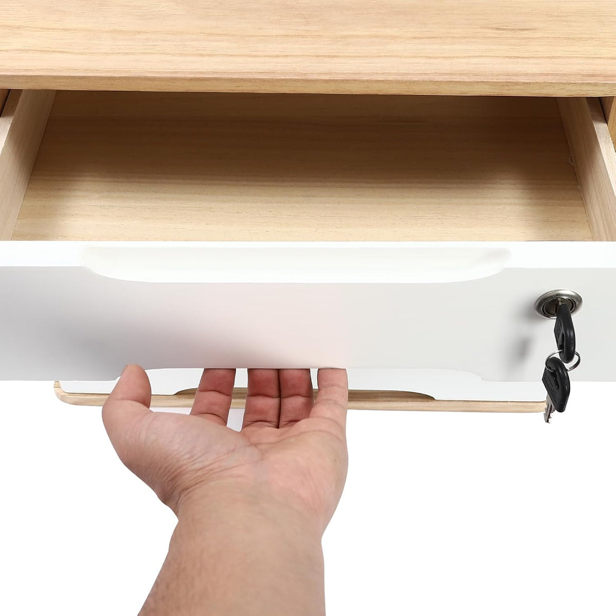 Wood Desk Organizer with 3 Drawers, Lockable Desktop Countertop Storage Cabinet for Home Office Supplies File Tabletop Storage Box, 15.35" x 11.81" x 12.2" (Wood)