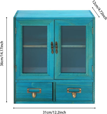 Rustic Vintage Mini Pine Counter Top Cabinet with Acrylic Doors & 2 Drawers
