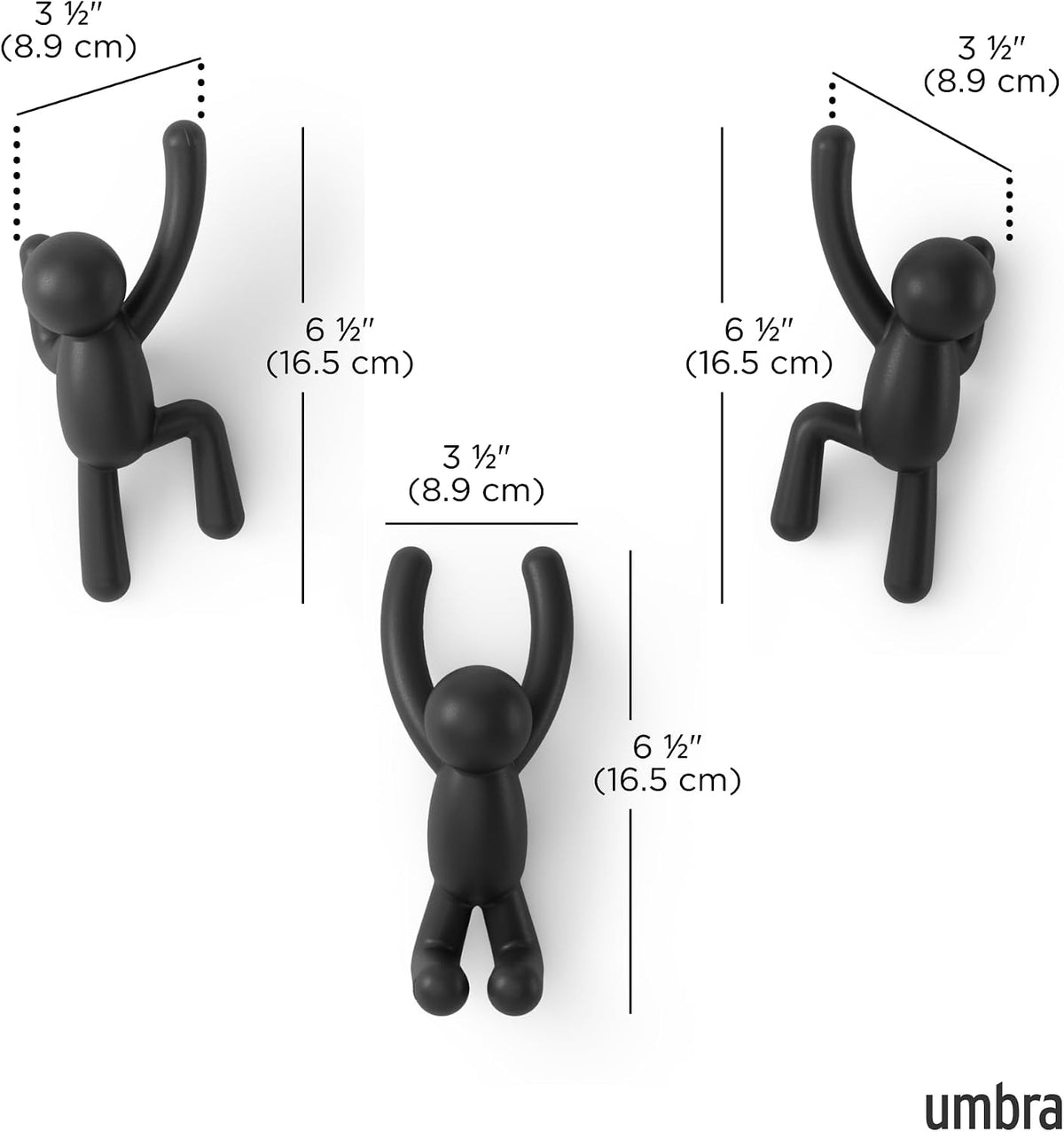 Umbra Buddy Wall Hooks, Decorative Wall Mount Coat Hooks, Set of 3, Black