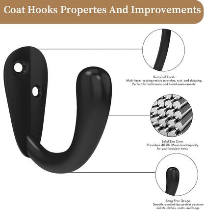 CBWLWJ 16 Pack Coat Hooks Wall Mounted Single Prong Robe Wall Hooks for Hanging Towel Hooks for Living Room, Bathroom, Kitchen, Bedroom for Coat, Bag, Scarf, Towel, Hat, Key, Cup (Black)