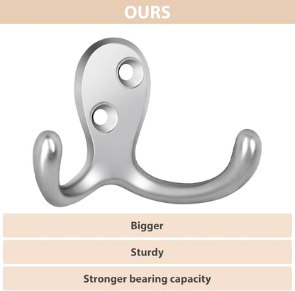 Homanu 14 Pack Silvery Coat Hooks Wall Mounted Double Prong with 28 Screws