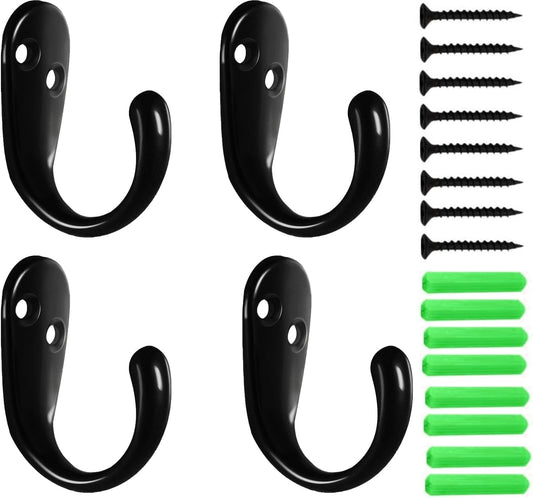 Kruodop 4 Pack Wall Hooks Wall Mounted Coat Hooks for Hanging Heavy Duty, Black Towel Hooks, Metal Single Coat Hanger with Screws Cup Retro for Coats, Handbags, Towels