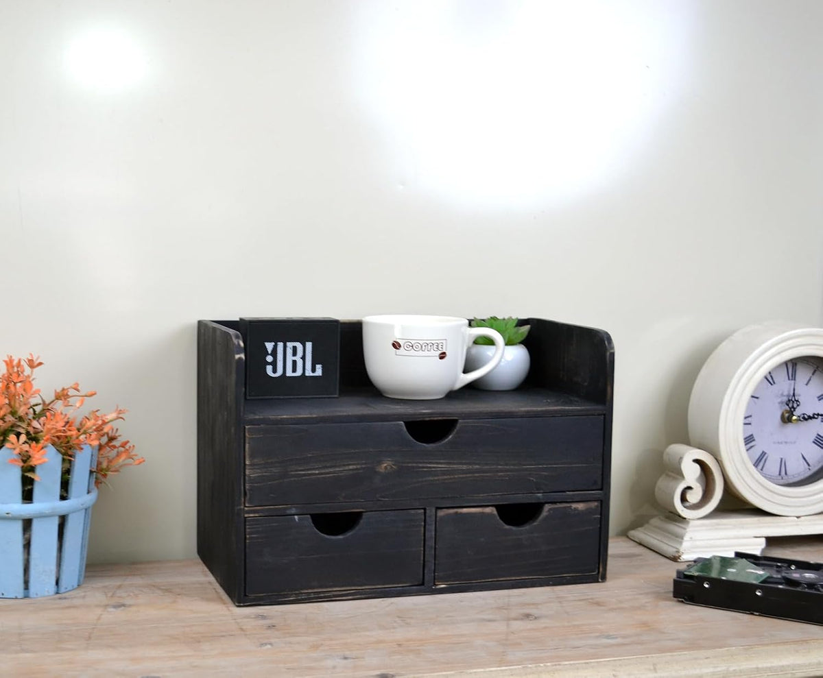 Black Wood 3 Drawer Desk Organizer Shelf, Mail Rack Vanity Storage