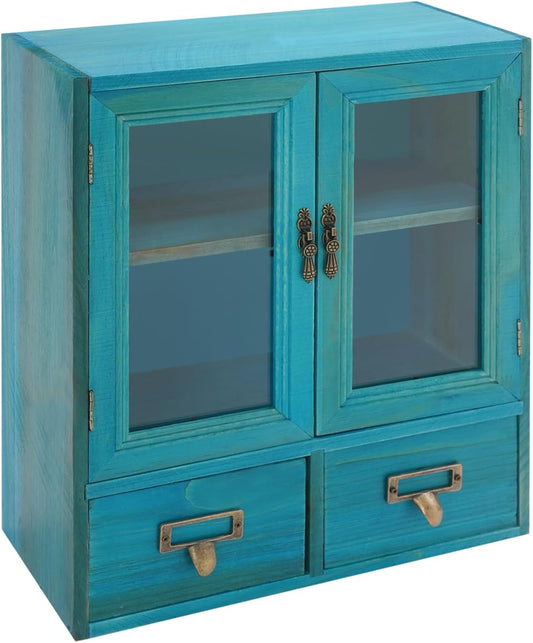 Rustic Vintage Mini Pine Counter Top Cabinet with Acrylic Doors & 2 Drawers
