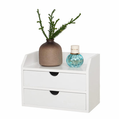 ROSE BLOOM White Wood Desk Organizer with 2 Drawers, Mini Cabinet with Storage Shelf for Tabletop, Small Box for Cosmetic Office Supplies