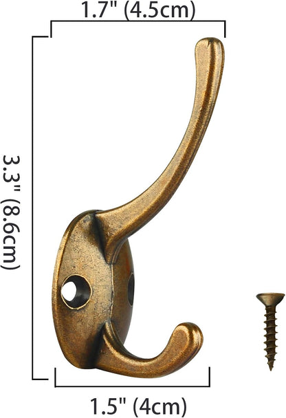IBosins 12 Pack Antique Brass Double Coat Hooks Wall Mounted with 24 Screws