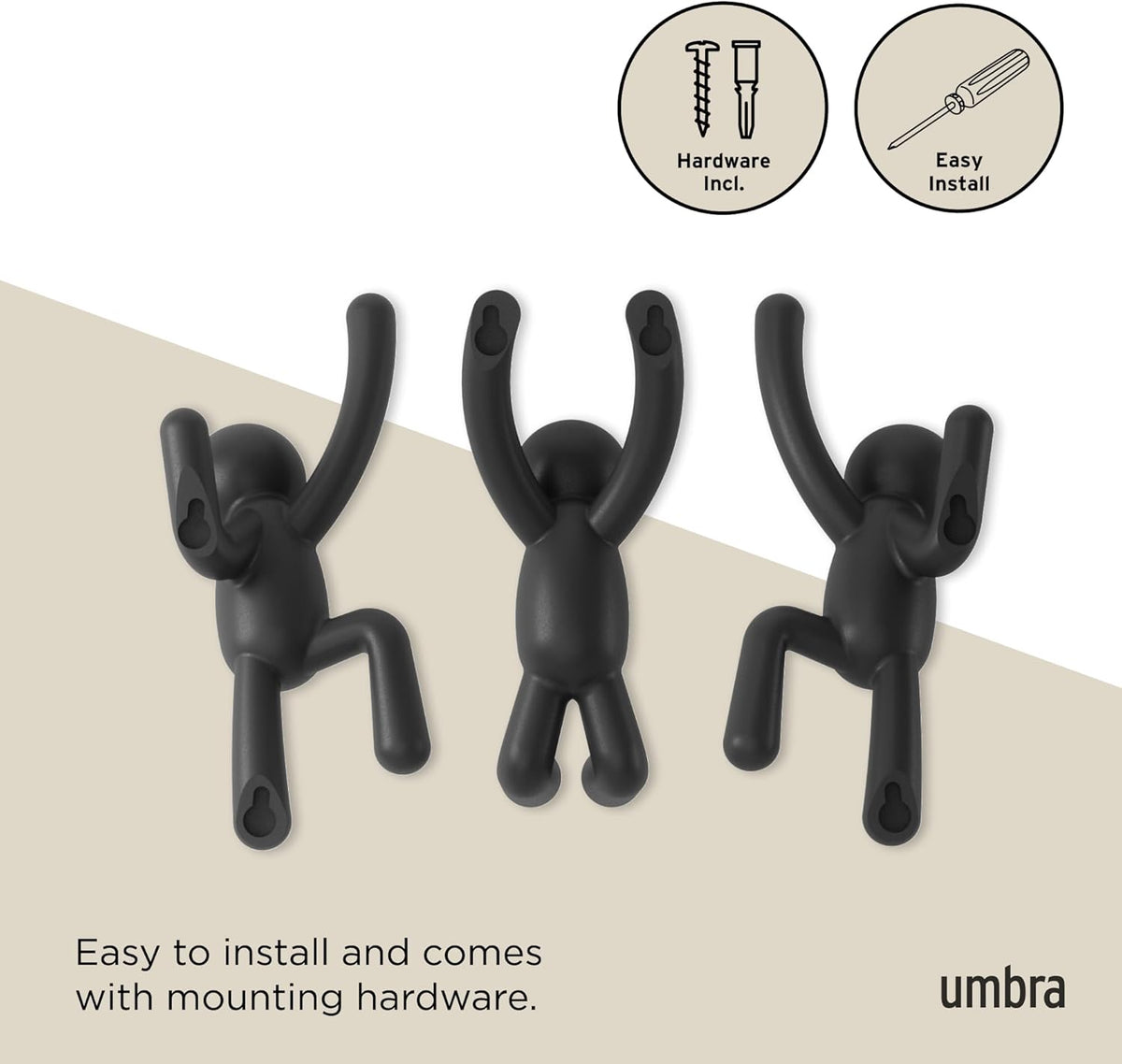 Umbra Buddy Wall Hooks, Decorative Wall Mount Coat Hooks, Set of 3, Black