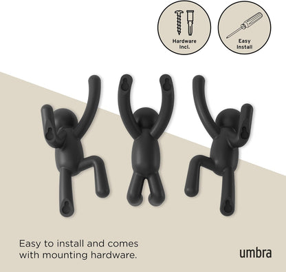 Umbra Buddy Wall Hooks, Decorative Wall Mount Coat Hooks, Set of 3, Black