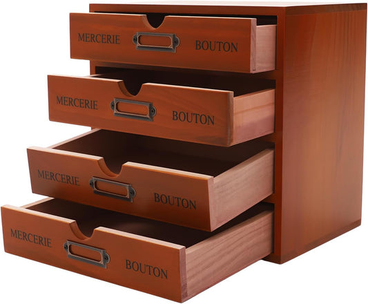 Vintage Wooden Drawers Organizer, 16-Drawer Desktop Storage Box With Drawers, Iron Label Holders, Apothecary Cabinet For Countertop Tea Coffee Pod Storage(4-Drawer/Brown)