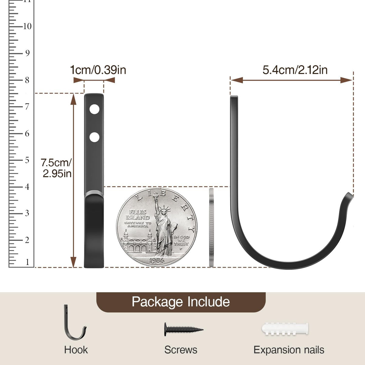 10-Pack 22LB Wall Hooks for Hanging Towel/Coat, Black