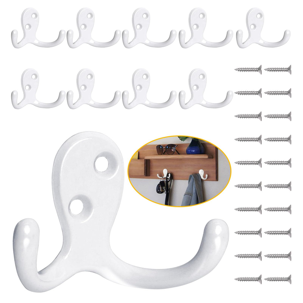 Homanu 14 Pack Silvery Coat Hooks Wall Mounted Double Prong with 28 Screws