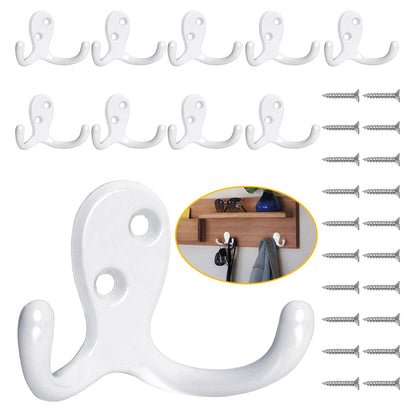 Homanu 14 Pack Silvery Coat Hooks Wall Mounted Double Prong with 28 Screws