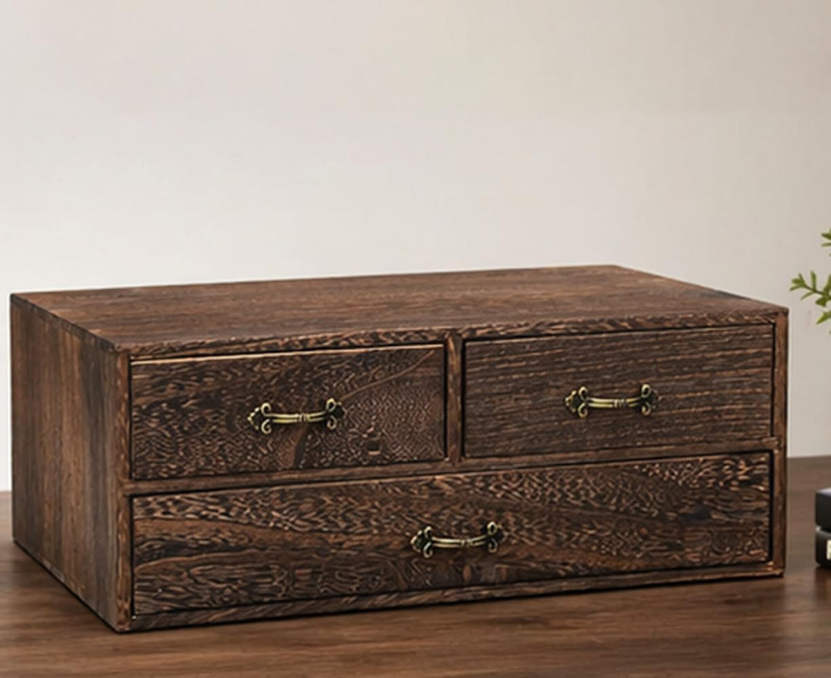 Wood Desktop Organizer Wooden Storage Cabinet with 3 Drawers Tabletop Counter Jewelry Storage Small Organization Box for Home Office Supplies (13 * 9 * 6in)