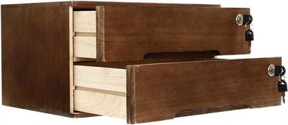 2-Tier Wooden Desktop Storage Box with Lockable Drawers, Flat File Cabinet Small Wooden Box Organizer for Office Supplies Installation-free, 15.75×11×8.66in (Walnut)