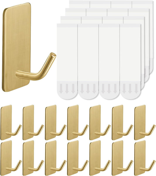 14 Pcs Towel Hooks with Removable Strips for Hanging, Adhesive Wall Hooks Heavy Duty, Outdoor No Damage, Sticky Hook for Bathrooms, Shower, Stockings, Decor, Robe, Small, Gold 304 Stainless Steel