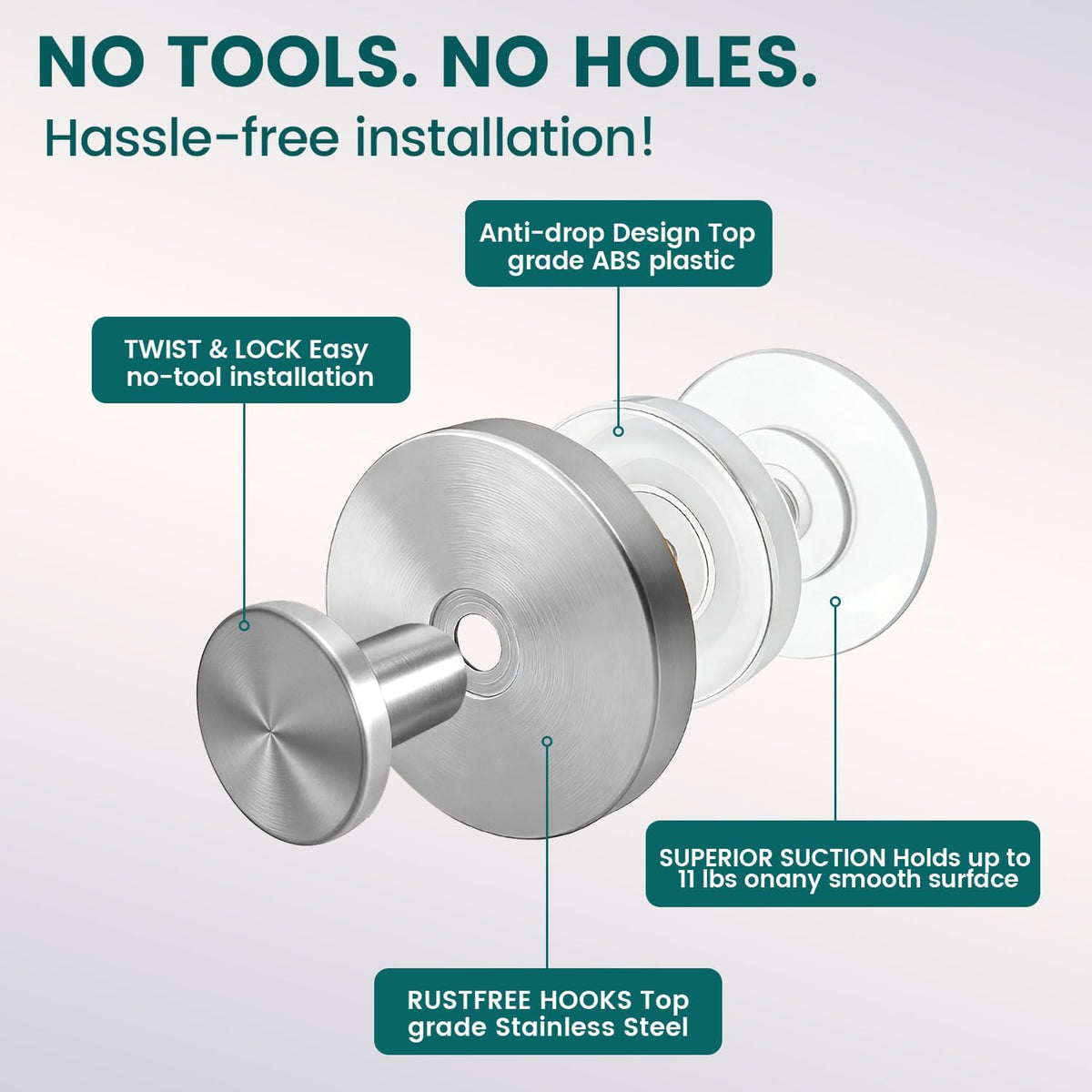 Suction Cup Hooks for Shower, Heavy Duty Stainless Steel, Silver 2 Pack