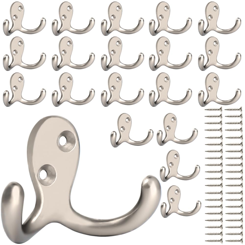 IBosins 28 Pack Heavy Double Prong Coat Hooks Wall Mounted with 56 Screws