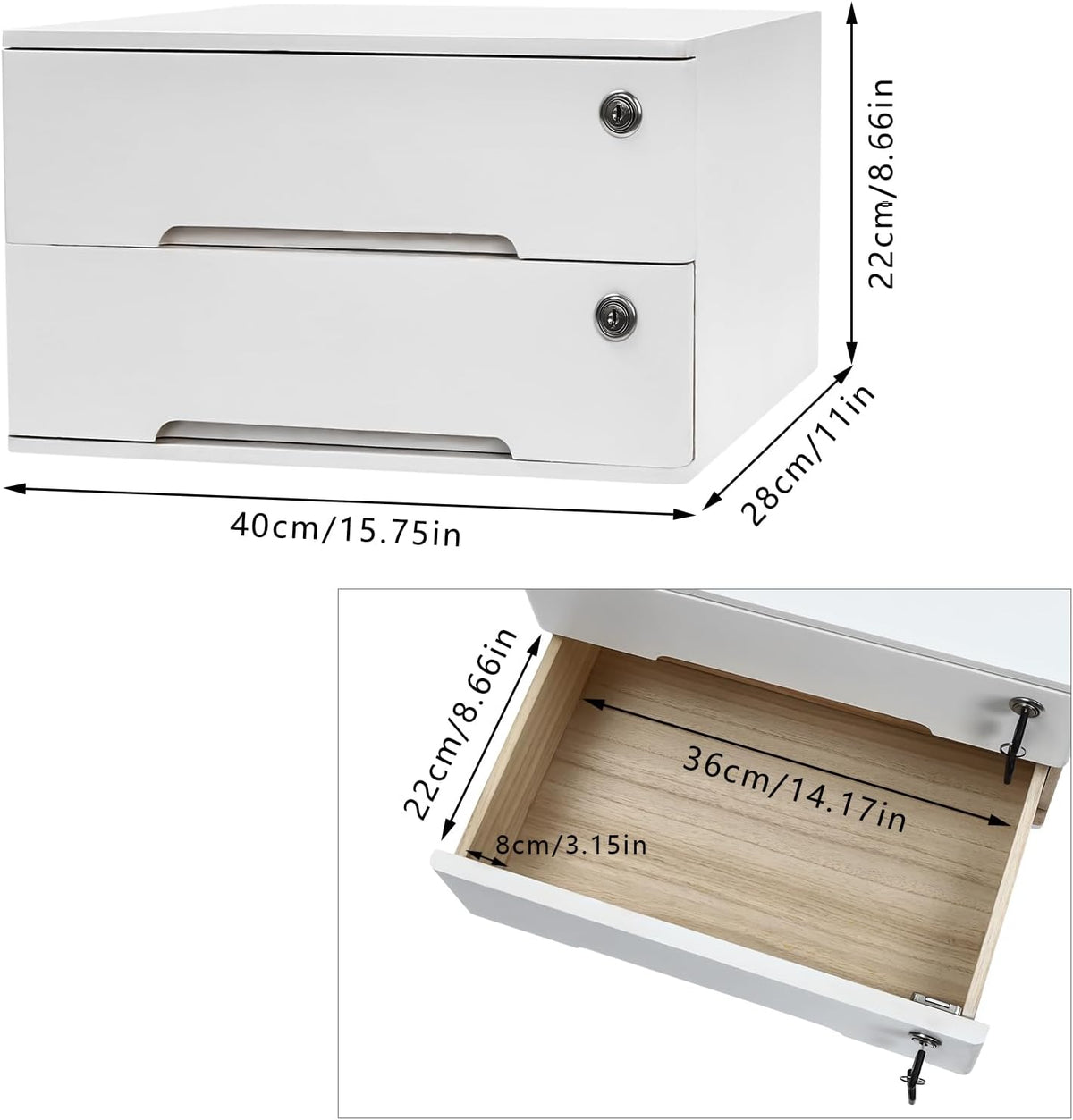 Wooden Desktop Storage Box with Lockable Drawers,2 Drawer Desktop Organizer Cabinet,Flat File Cabinet,Countertop Storage Cabinet for Office Home Toiletries Supplies Vanity (White 2 locks)