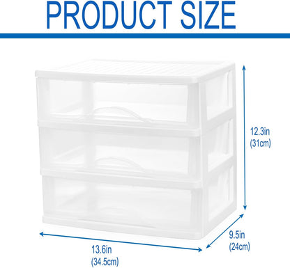 BYCY Plastic Stackable Storage 3 Drawers, White Bathroom Makeup Organizer with Wide Clear Drawers Tabletop Drawer Organizer for Desk,Easily Assemble for Fridge,Bathroom,Cabinet