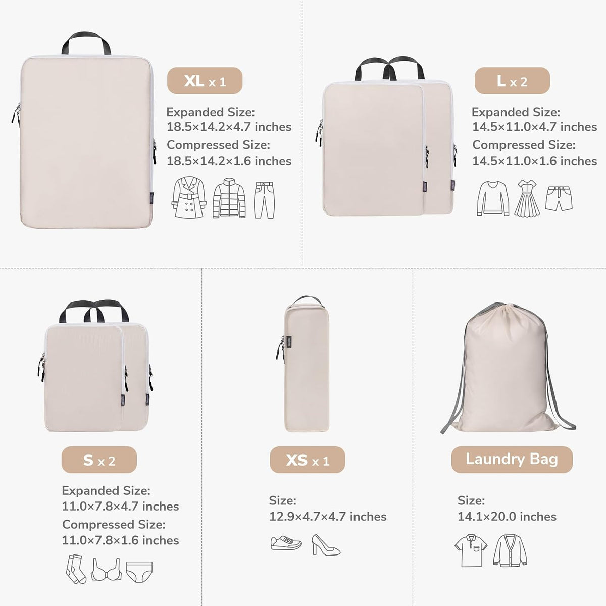 CherryNow 7 Set Packing Cubes for Travel Women, Suitcase Organizer, Beige