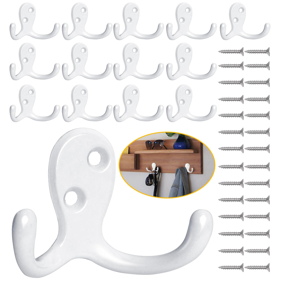 Homanu 14 Pack Silvery Coat Hooks Wall Mounted Double Prong with 28 Screws