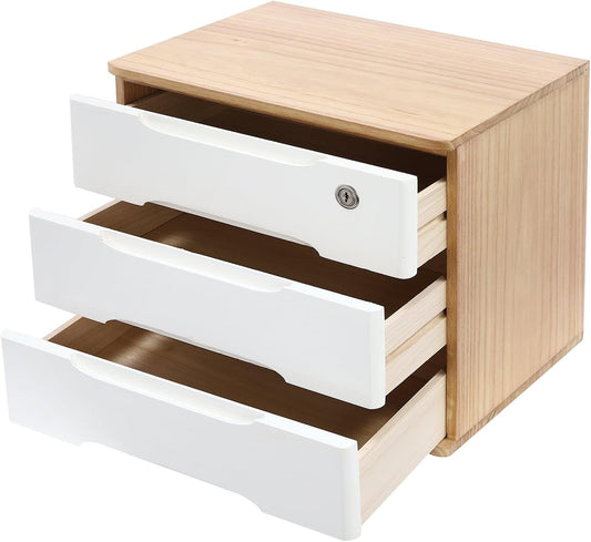 3 Tiers Wooden Desktop Storage Box, Desktop File Cabinet, Solid Wood Desk Organizer with Lock, Desktop Drawer Organizer for Home Office Bedroom Dorm, 3 Drawers, Wood Color + White
