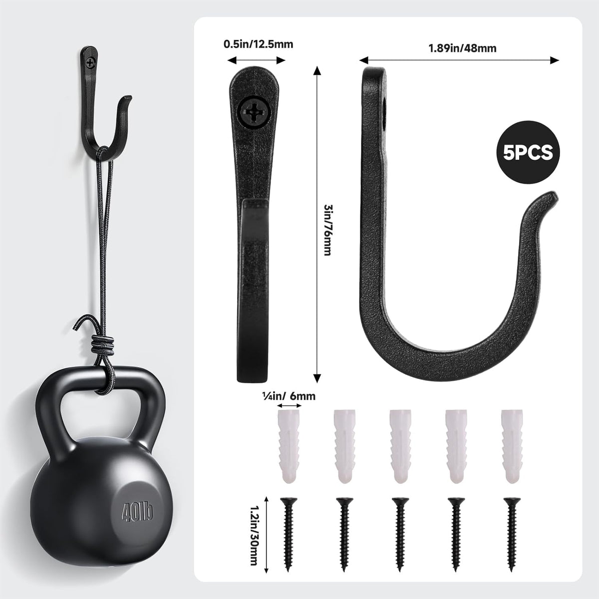 5 Pack Heavy Duty Wall Hooks, Decorative Coat Hooks, Hooks for Hanging Cast Iron Skillets, as Well as Backpacks, Coats, etc, Multi-Layer Electroplated, Indoor and Outdoor Use(Black)