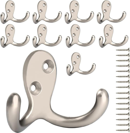 IBosins 10 Pack Silvery Double Prong Coat Hooks Wall Mounted with 20 Screws