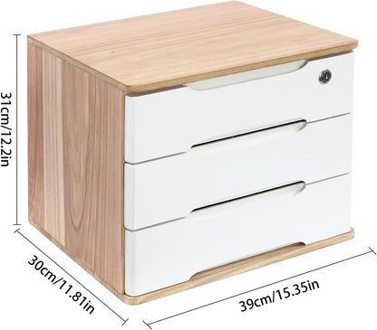 Wood Desk Organizer with 3 Drawers, Lockable Desktop Countertop Storage Cabinet for Home Office Supplies File Tabletop Storage Box, 15.35" x 11.81" x 12.2" (Wood)