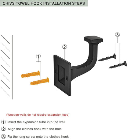 CHIVS Matte Black Coat Hooks 5 Pack Heavy Duty Sold Wall Hooks