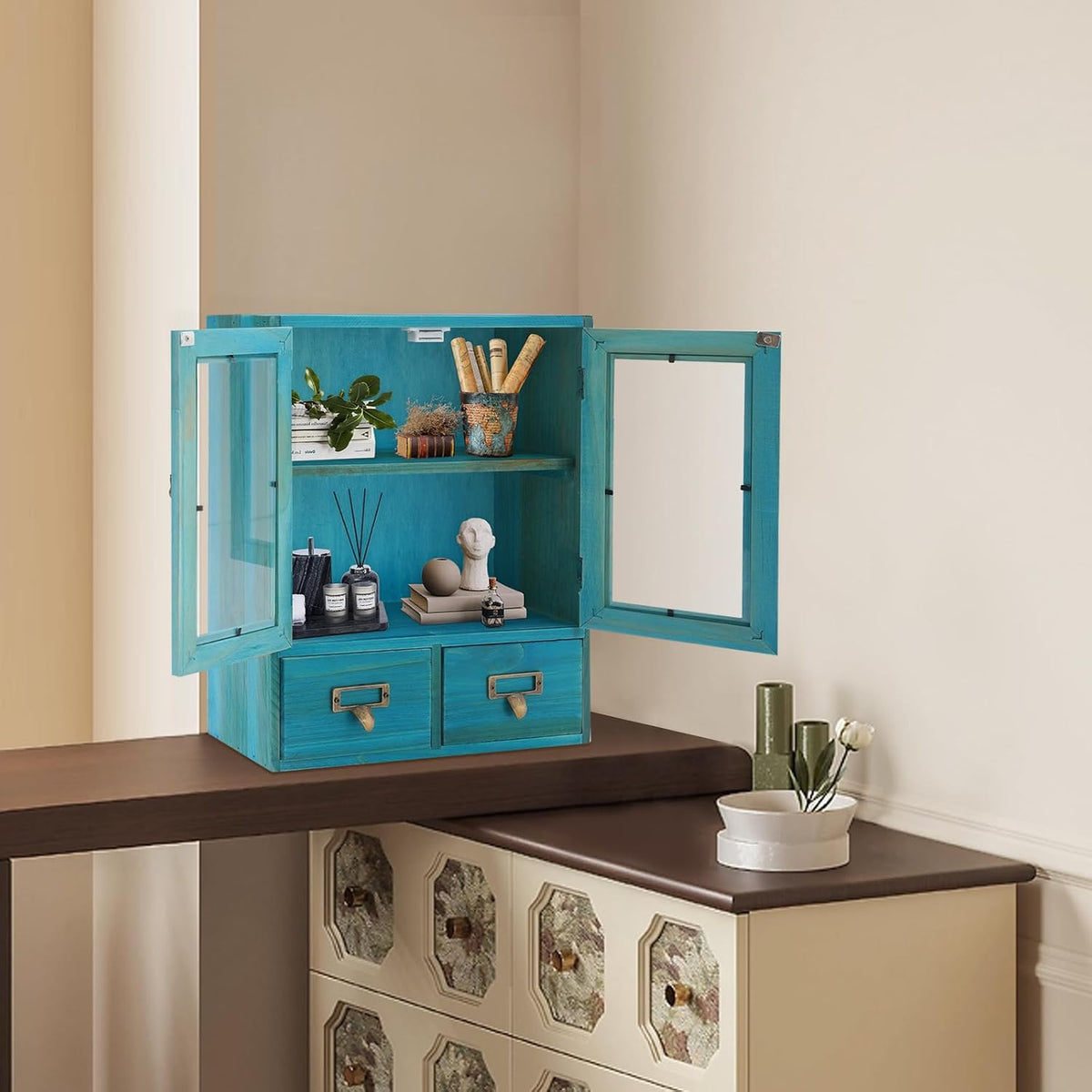 Rustic Vintage Mini Pine Counter Top Cabinet with Acrylic Doors & 2 Drawers