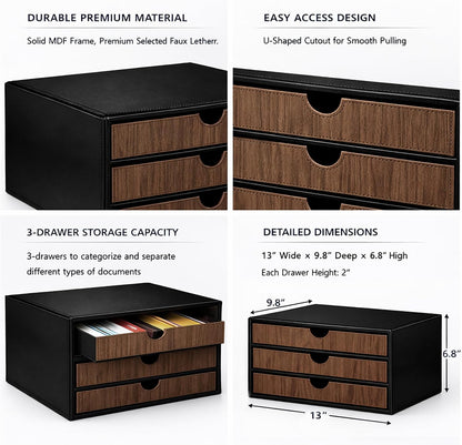 UnionBasic Document Organizer, 3-Drawer File Cabinet Document Storage Box, Office Desktop Filing Organizer, Black with Wood Grain Drawers