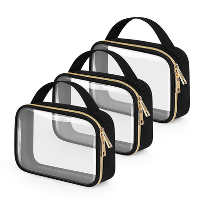 Wedama TSA Approved Toiletry Bag, 3 Pack Clear Makeup Bags with Handles, Quart Size Clear Toiletry Bags, PVC Cosmetic Bags for Women and Men, Carry on Airport Airline Compliant Bag, Black
