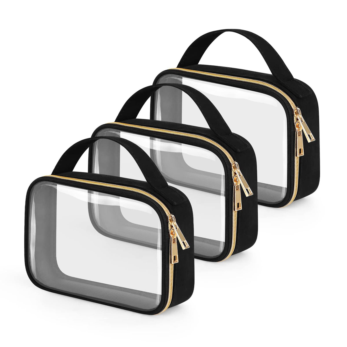 Wedama TSA Approved Toiletry Bag, 3 Pack Clear Makeup Bags with Handles, Quart Size Clear Toiletry Bags, PVC Cosmetic Bags for Women and Men, Carry on Airport Airline Compliant Bag, Black