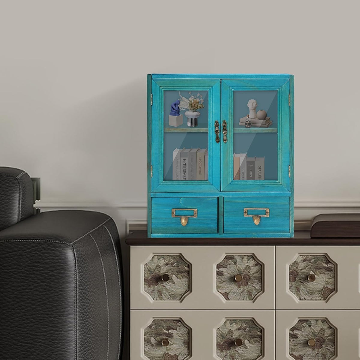 Rustic Vintage Mini Pine Counter Top Cabinet with Acrylic Doors & 2 Drawers