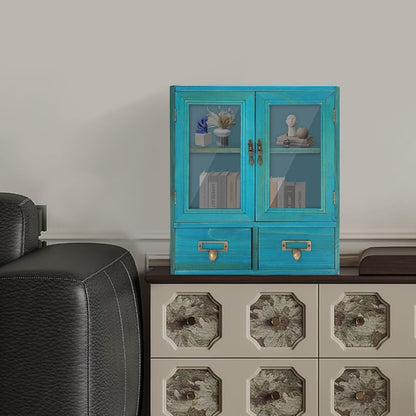 Rustic Vintage Mini Pine Counter Top Cabinet with Acrylic Doors & 2 Drawers