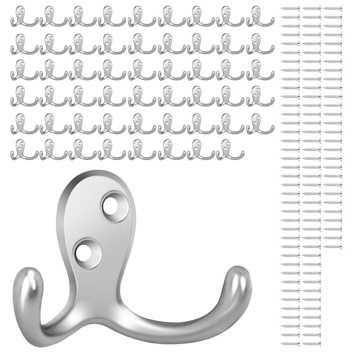 Homanu 14 Pack Silvery Coat Hooks Wall Mounted Double Prong with 28 Screws