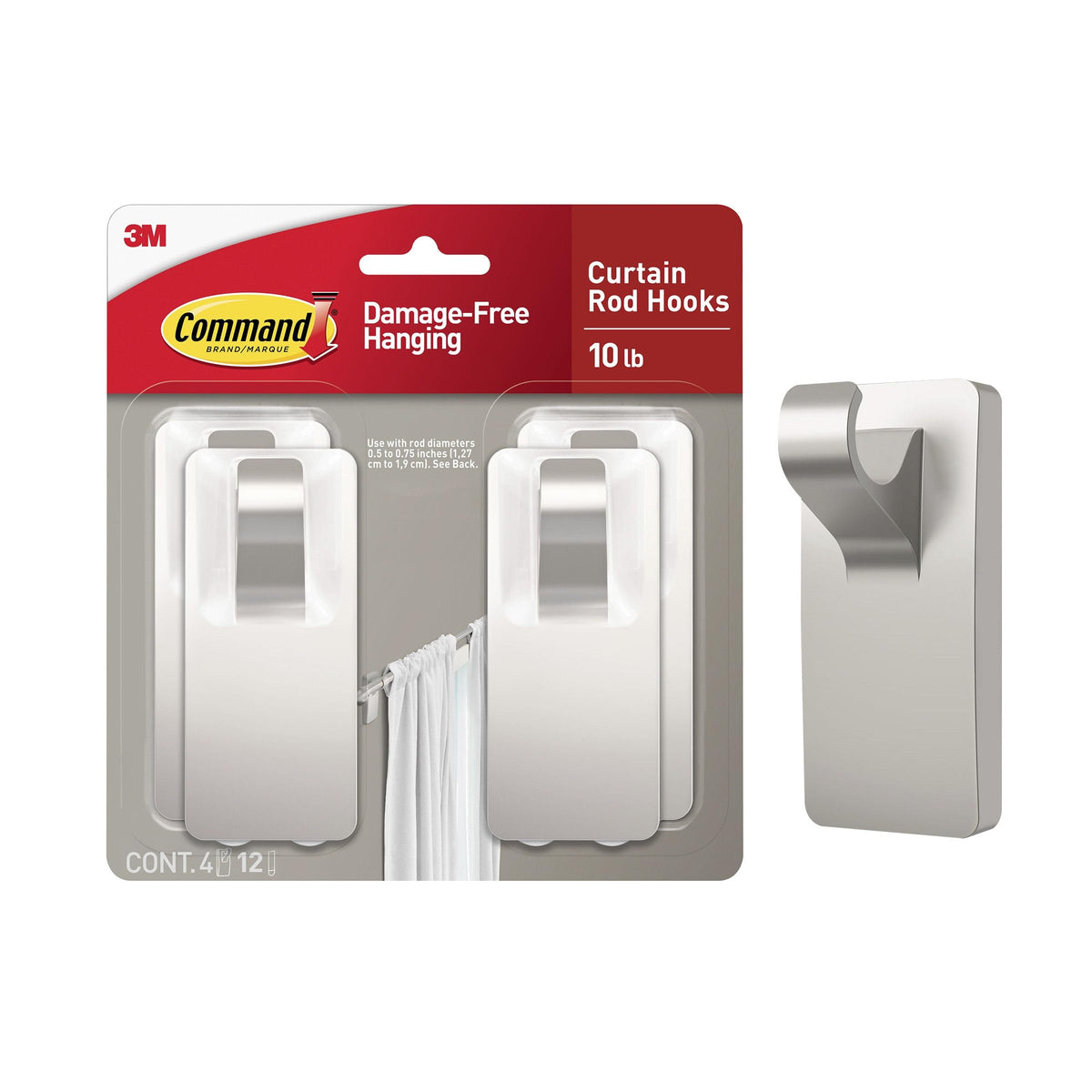 Command Medium Black Curtain Rod Hooks, 2 Hooks, 4 Strips