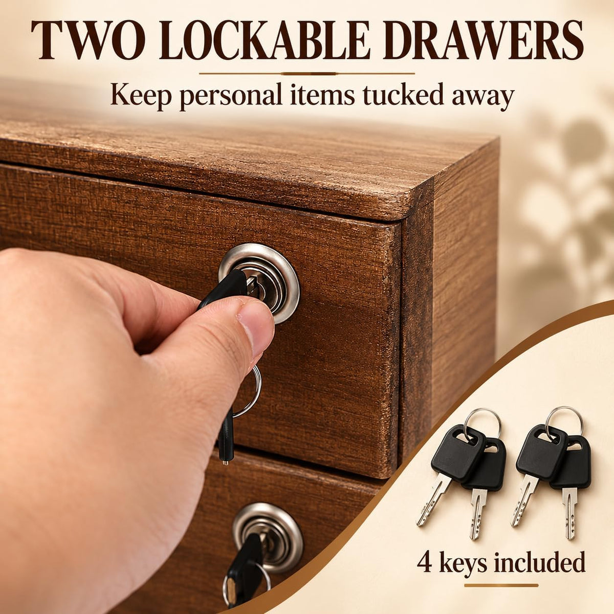 Wood 2 Drawer Desktop Organizer Cabinet with Lockable Drawers